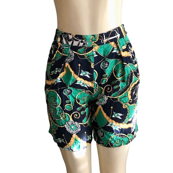 Vintage high rise shorts size XS 1990s women fashion nautical print in Green gol - Picture 2 of 9